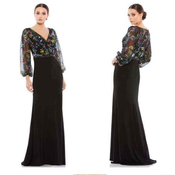 Mac Duggal Embroidered Illusion Puff Sleeve Column Gown Floral Black, SIZE 10 - Picture 2 of 12